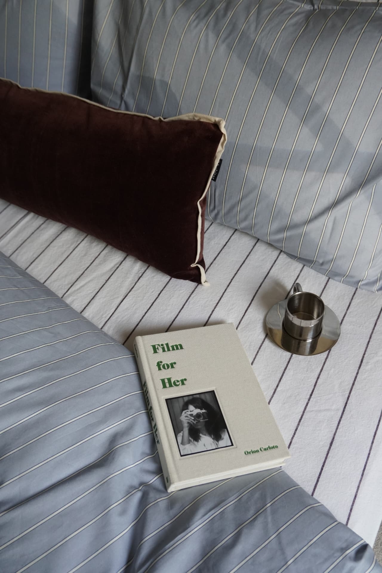 Striped blue bedding with a burgundy velvet cushion, a book and a steel cup